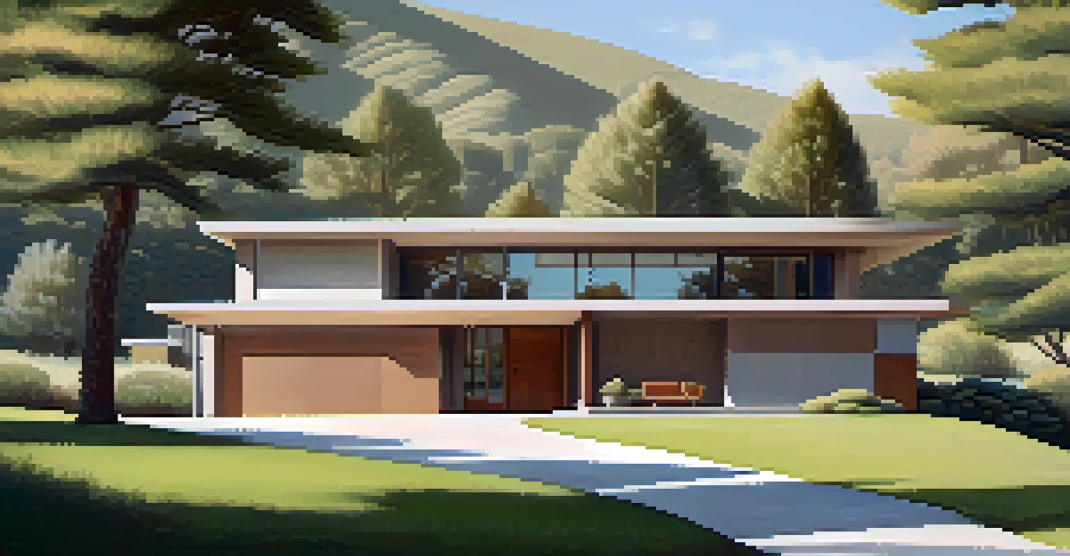A mid-century modern home with muted earthy tones in a serene landscape, illuminated by gentle natural light.