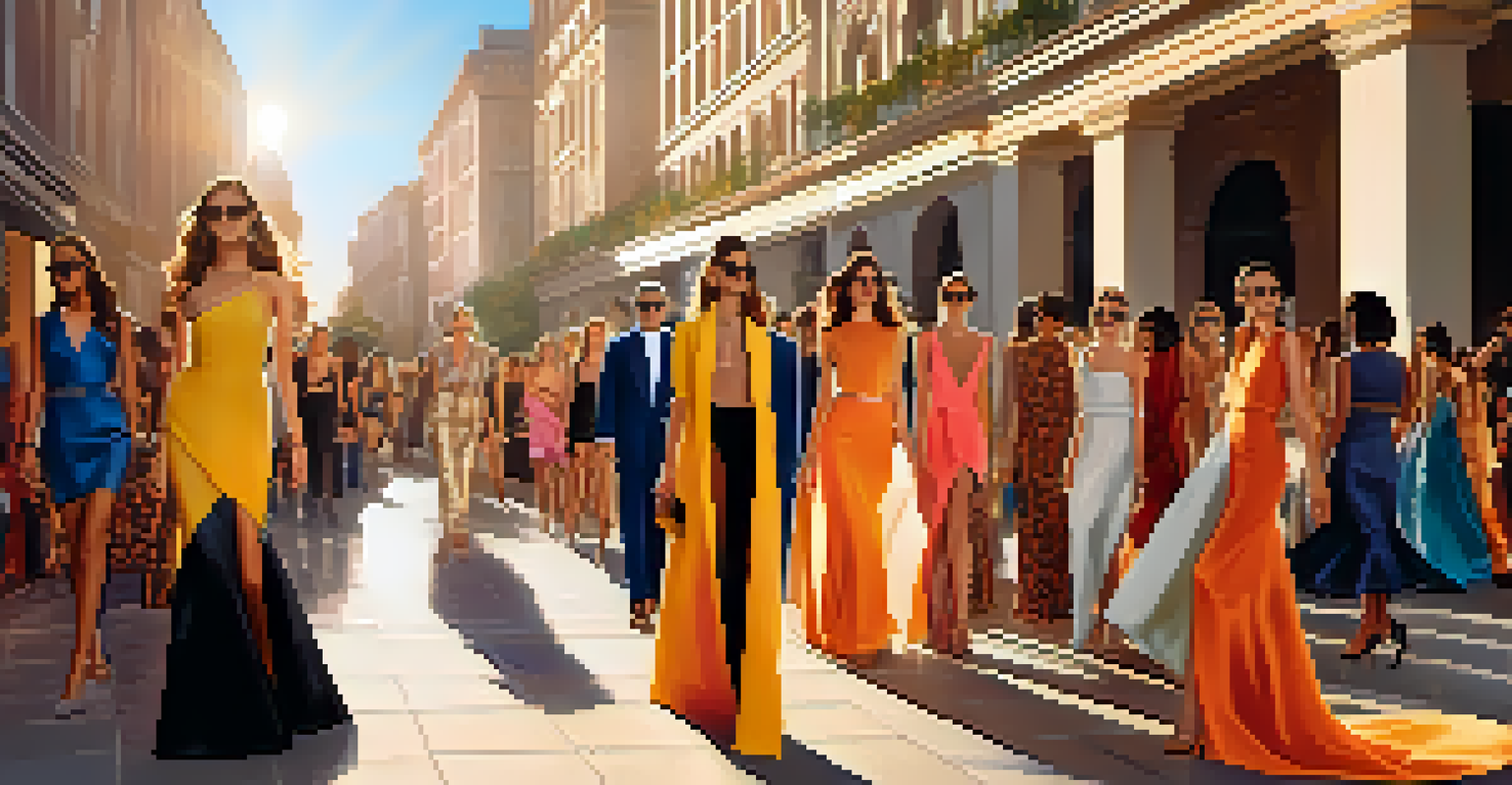 An outdoor fashion event in an urban setting with models showcasing luxury clothing, attendees admiring the fashion, and a vibrant atmosphere.
