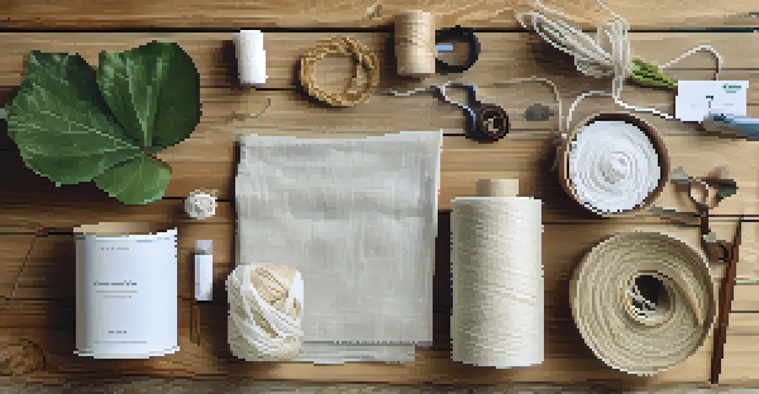 A flat lay of various sustainable fabrics and sewing tools on a wooden table.