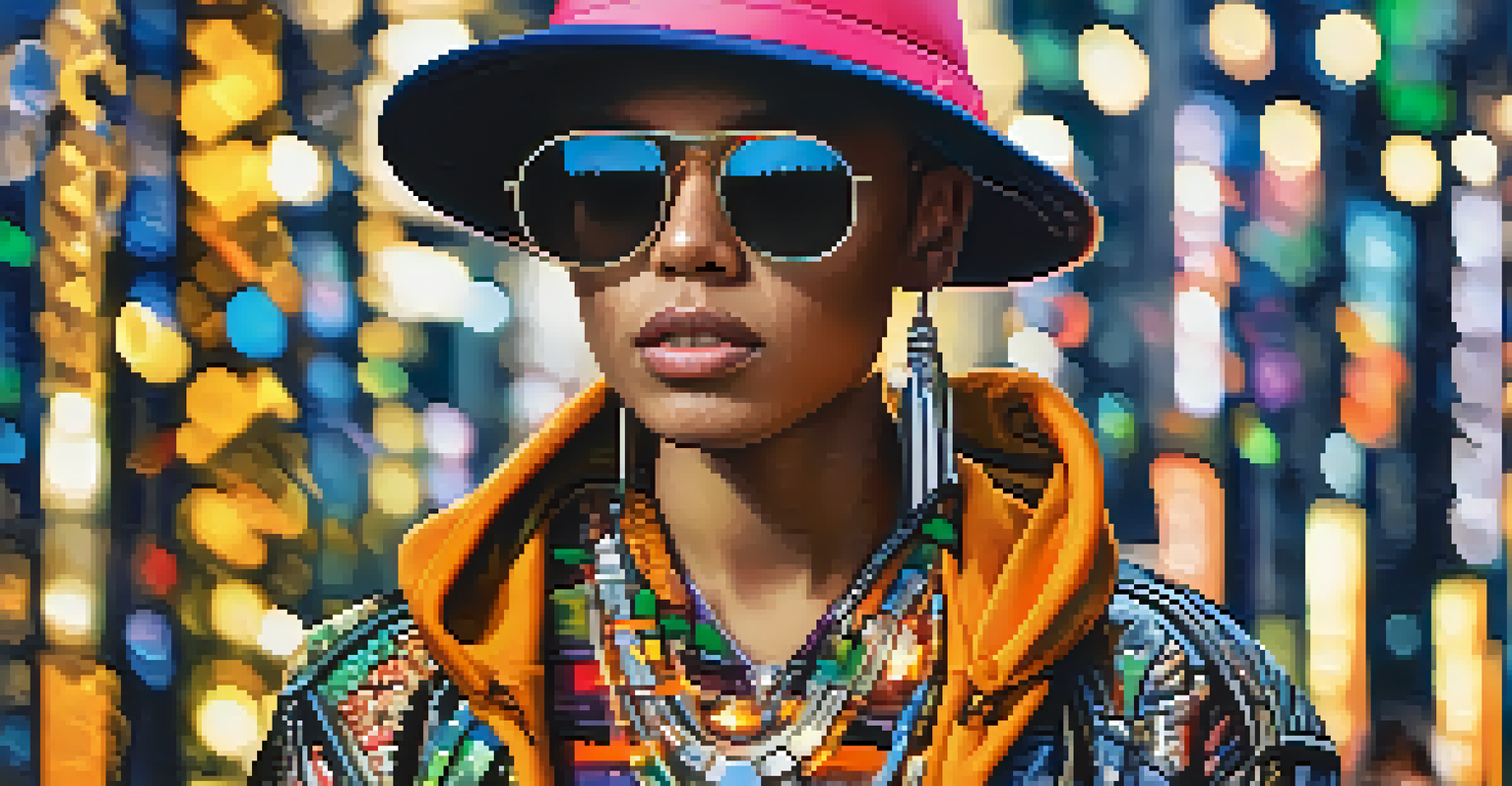 A close-up portrait of a person in avant-garde streetwear, set against an urban backdrop with dramatic lighting and soft bokeh effects.