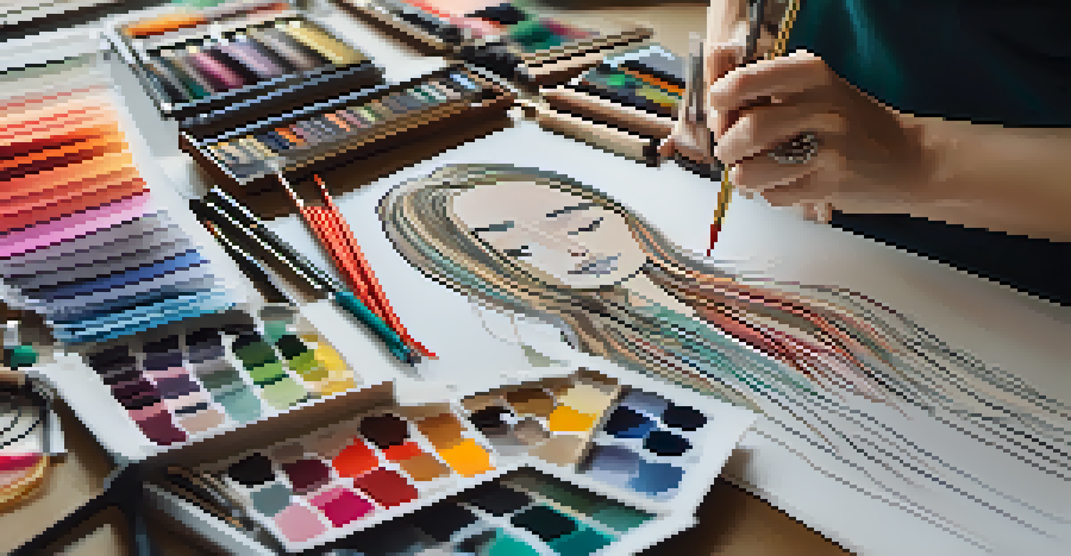 A close-up of hands sketching a fashion design surrounded by colorful fabric swatches and drawing tools.