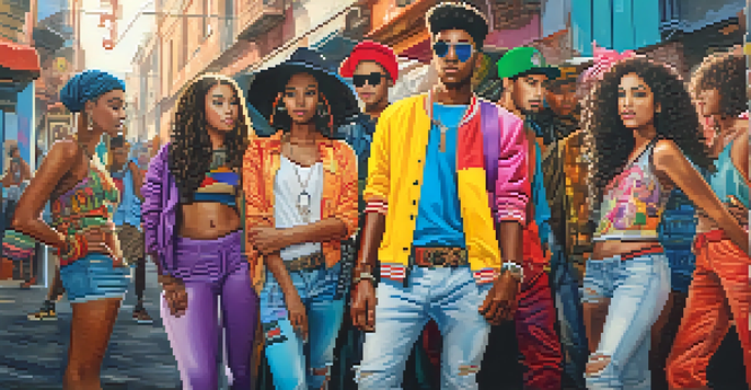 A lively street scene with young people showcasing diverse fashion styles inspired by different cultures.