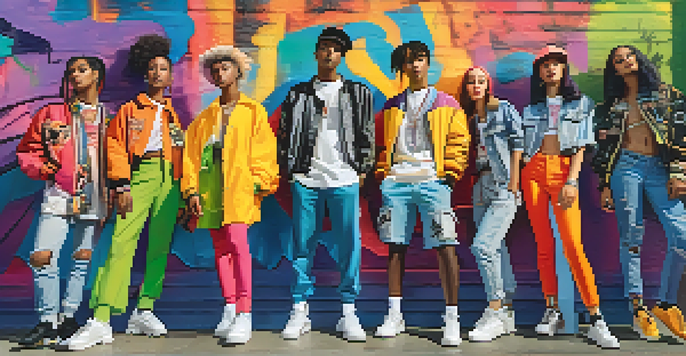 A diverse group of gender-fluid individuals in colorful outfits standing in an urban setting, surrounded by graffiti and greenery, under sunny lighting.