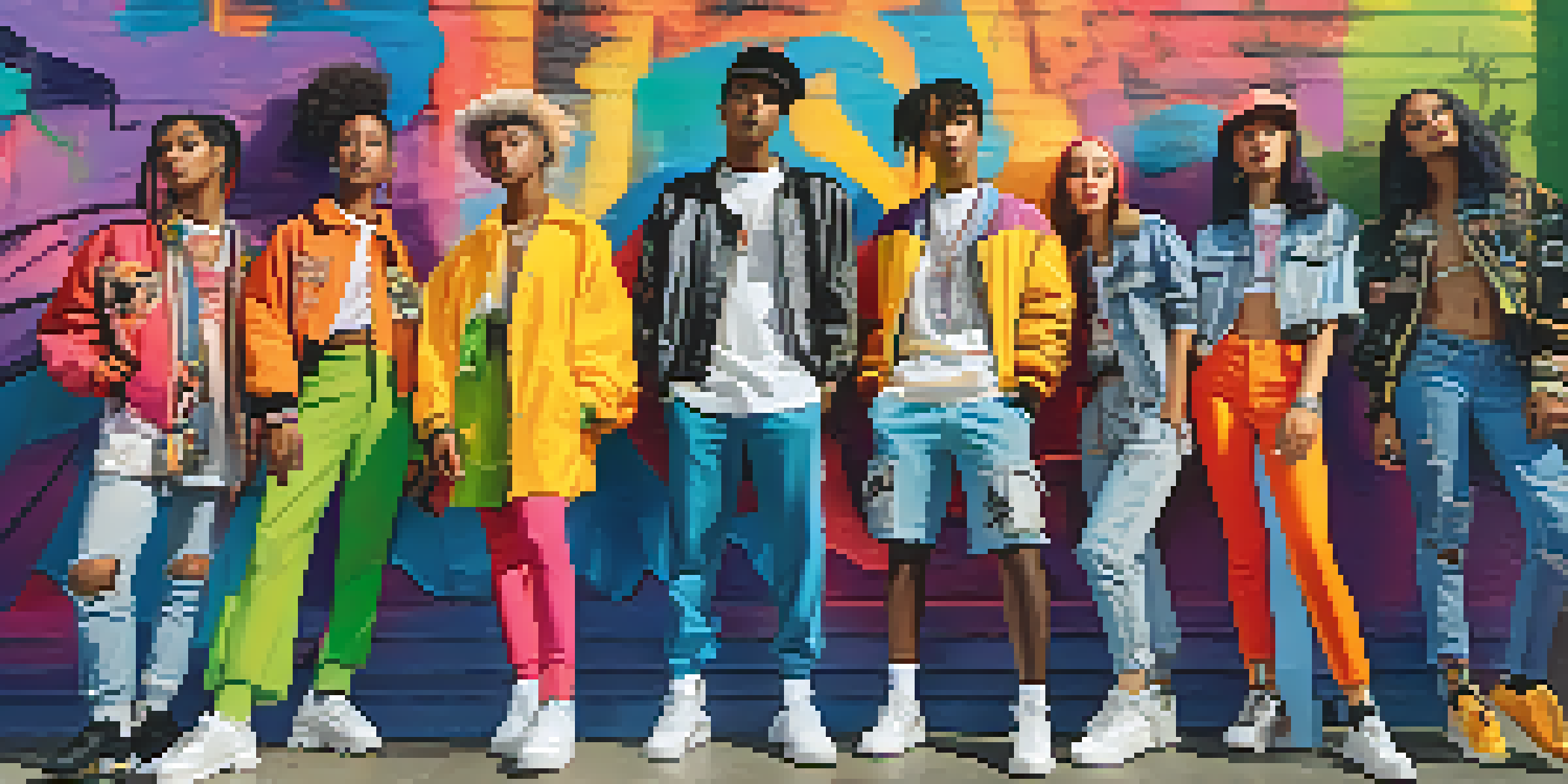 A diverse group of gender-fluid individuals in colorful outfits standing in an urban setting, surrounded by graffiti and greenery, under sunny lighting.