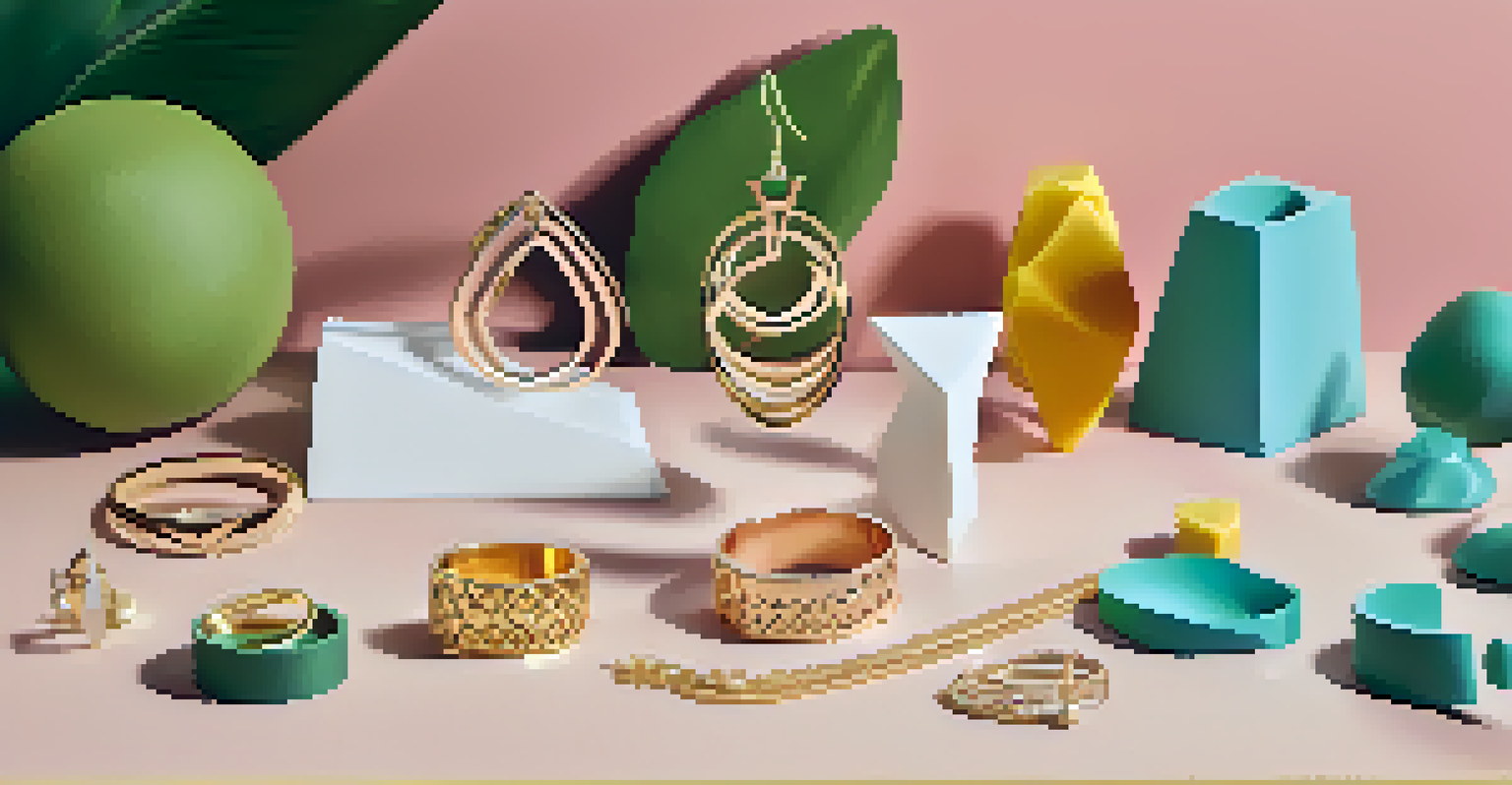 An artistic arrangement of colorful 3D printed accessories on a wooden table, highlighted by soft spotlighting.