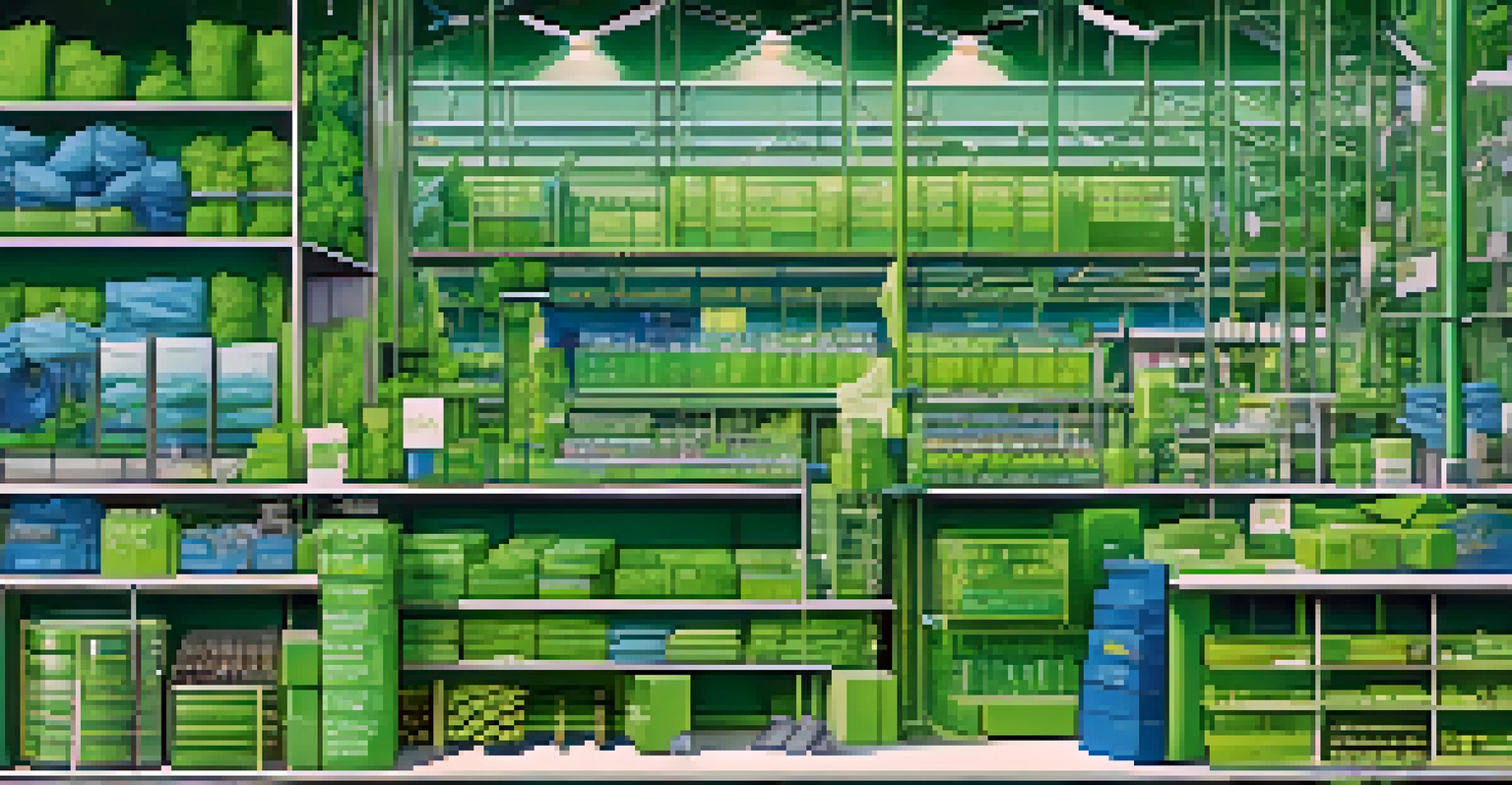 An illustration of a fashion supply chain with icons for materials, factories, and retail shops connected by arrows, in green and blue colors.