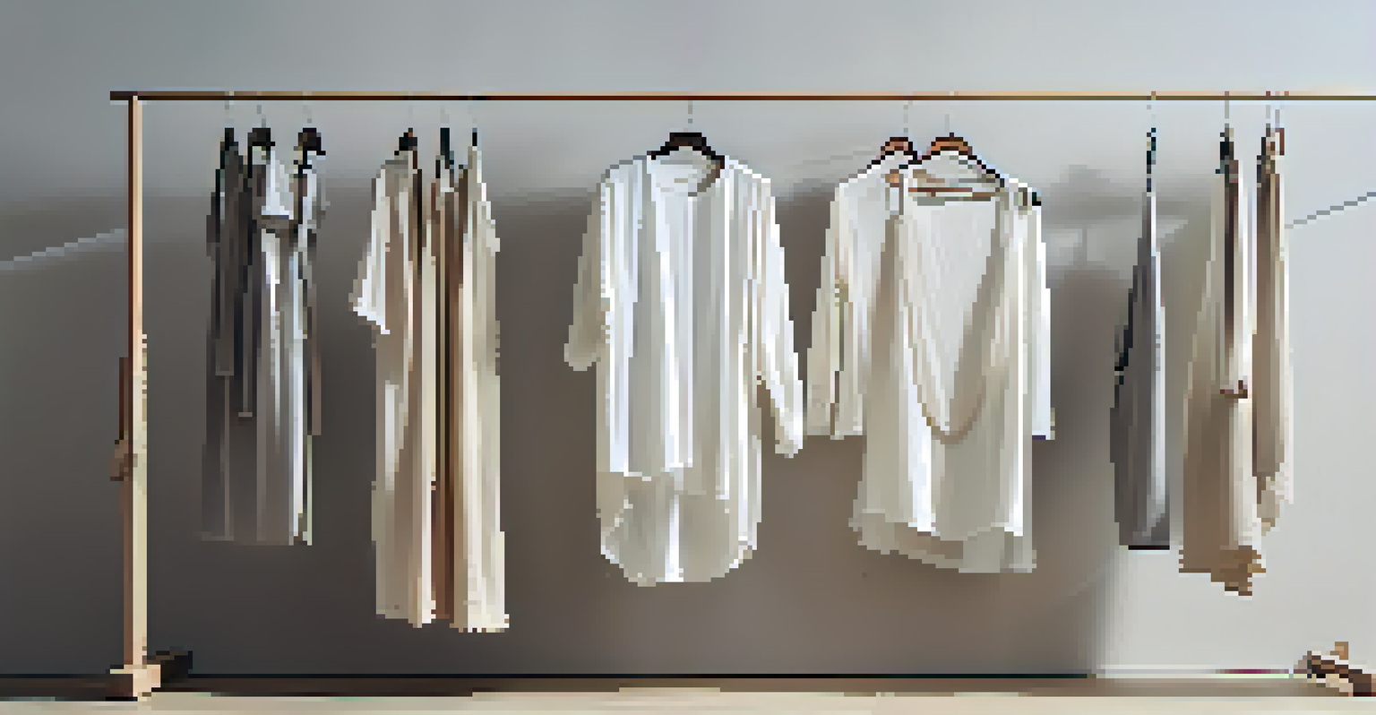 A collection of minimalist clothing items on a wooden hanger against a white wall, showcasing neutral colors and organic materials.