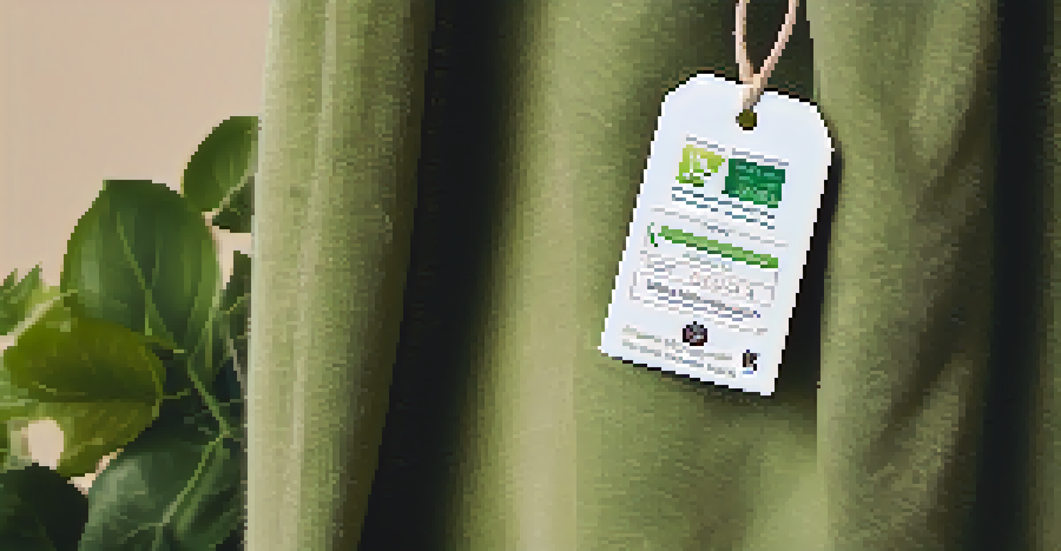 A close-up of a clothing tag showing sustainability certifications on an organic cotton shirt, with a blurred natural background.