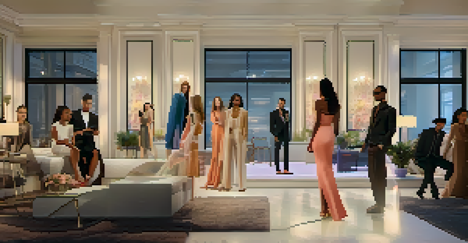A virtual fashion show viewed by diverse individuals at home, featuring models on a digital runway.