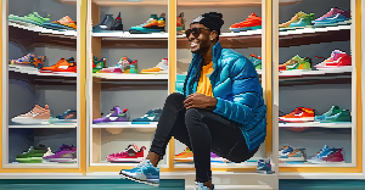 A customer trying on custom-designed sneakers in a stylish fitting room, showcasing vibrant colors and patterns.