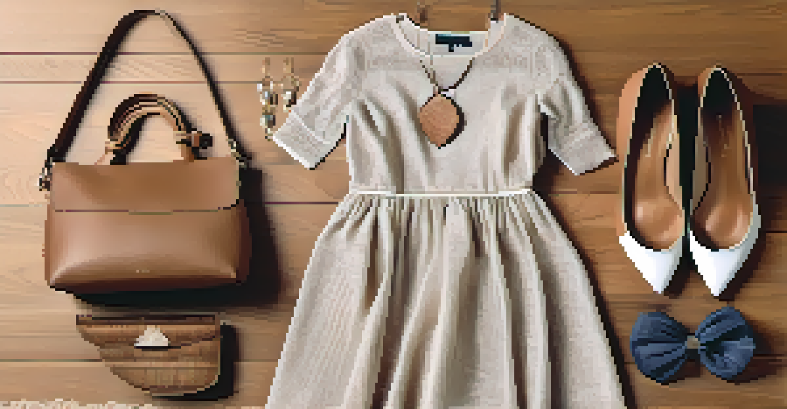 A flat lay of an earthy-toned dress with accessories on a wooden surface, illuminated by soft natural light.
