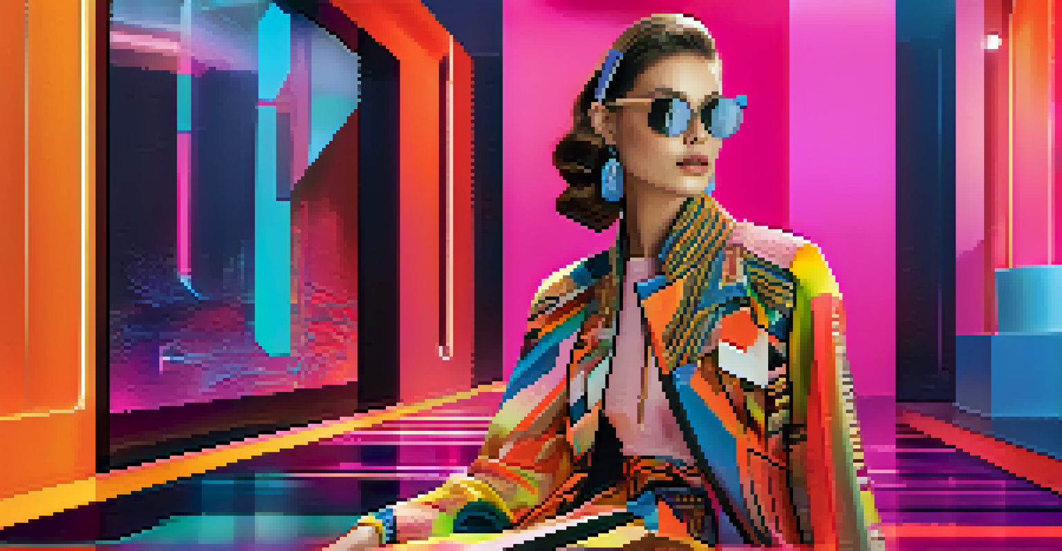 A person in a vibrant digital outfit at a virtual fashion event, with a colorful and abstract background.