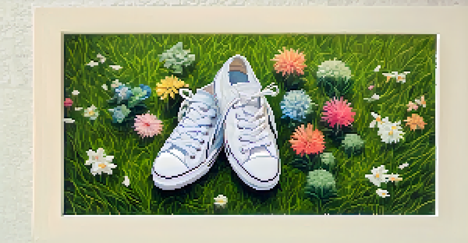Eco-friendly sneakers made from recycled materials arranged on green grass with flowers.