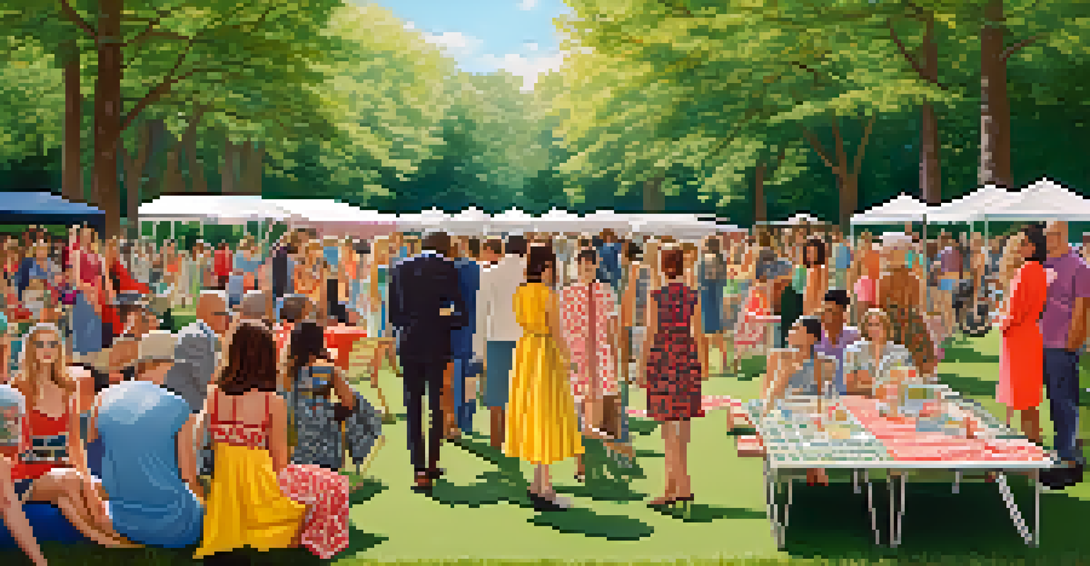 An outdoor fashion event with a runway in a park, featuring models showcasing colorful local designs, surrounded by an audience on picnic blankets.