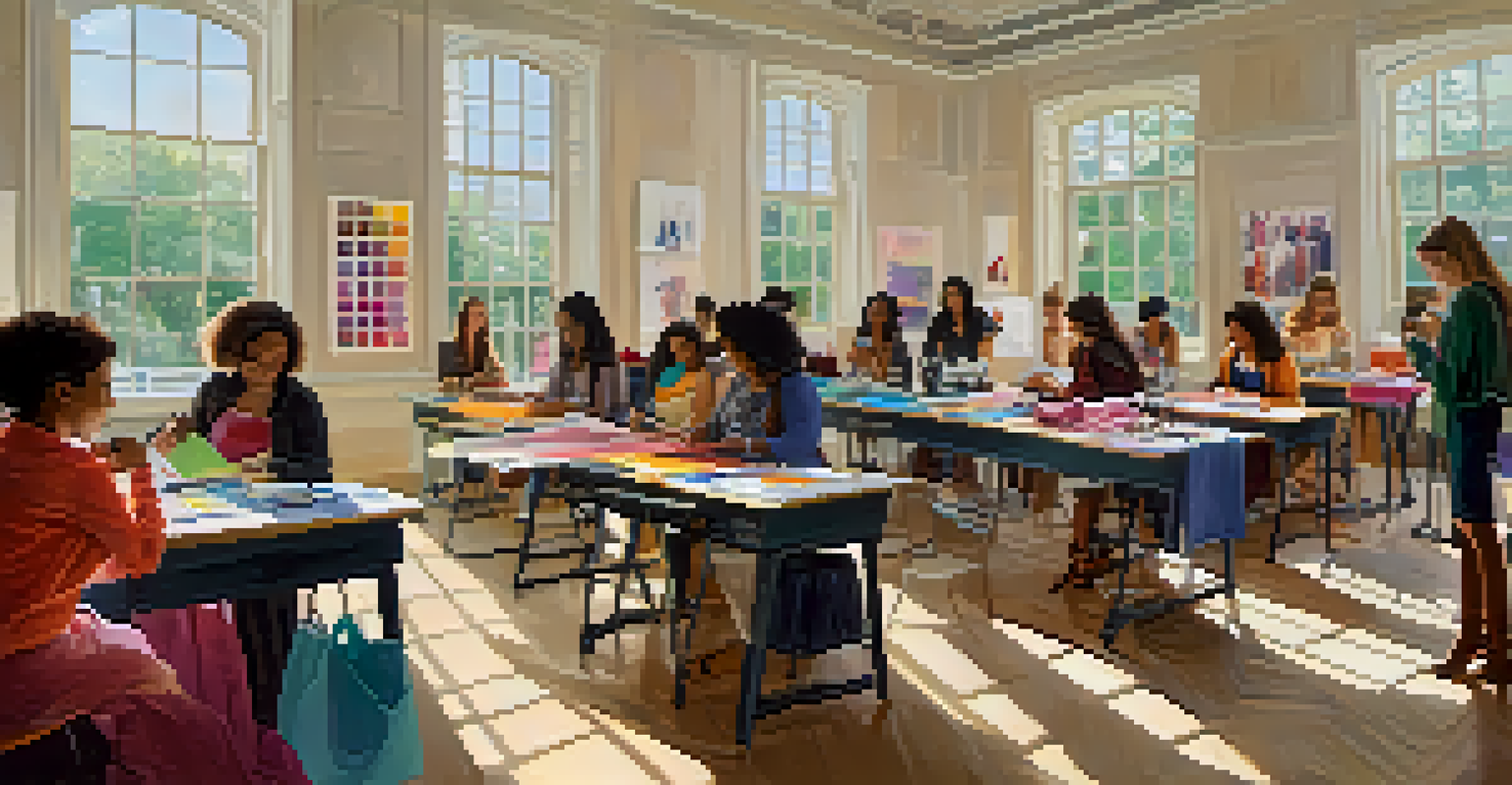 A diverse group of people participating in a fashion literacy workshop, working on sewing and design projects.