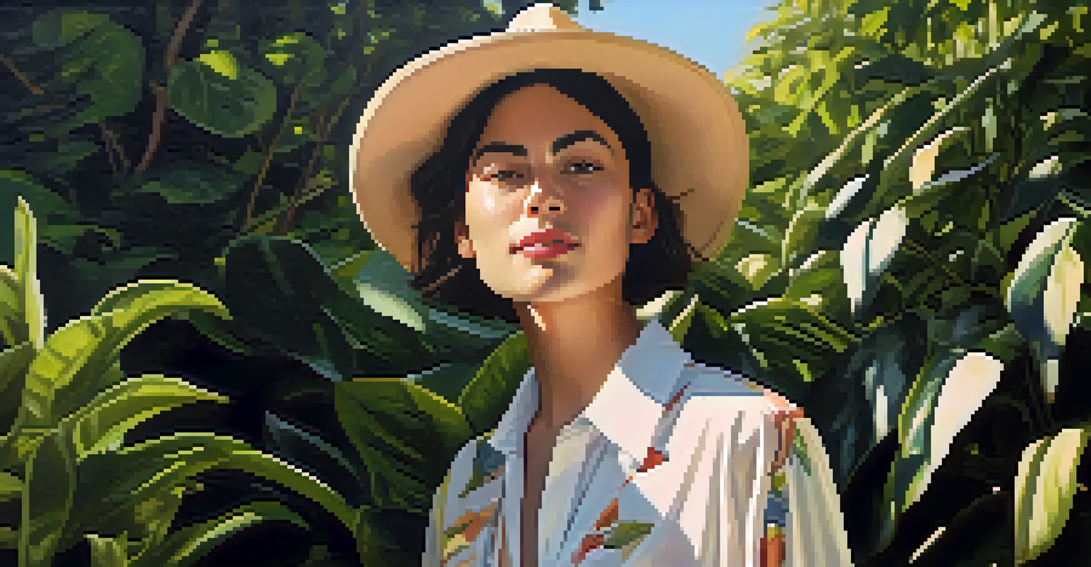 A non-binary person in a stylish outfit standing in a sunny garden, exuding confidence and joy.