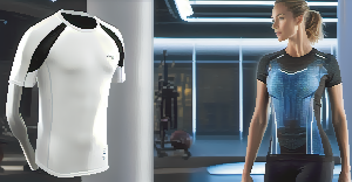 A modern sports shirt made from smart textile displayed on a mannequin, showcasing its sensors and design in a bright room with fitness equipment.