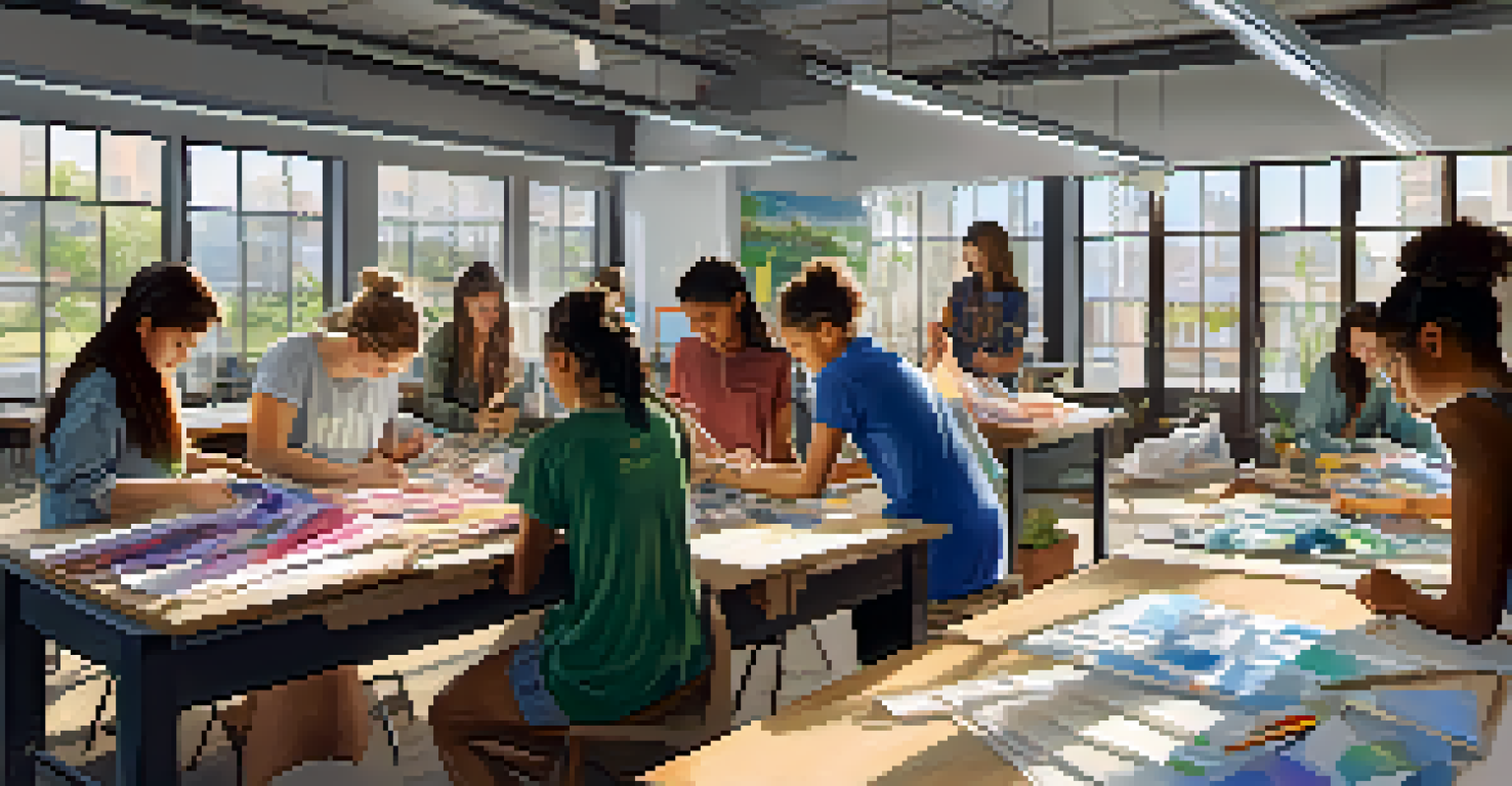 Students in a classroom working on a sustainable fashion project with recycled materials, surrounded by sketches and fabric swatches.