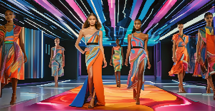 A digital fashion show featuring models in colorful outfits against a futuristic virtual backdrop.