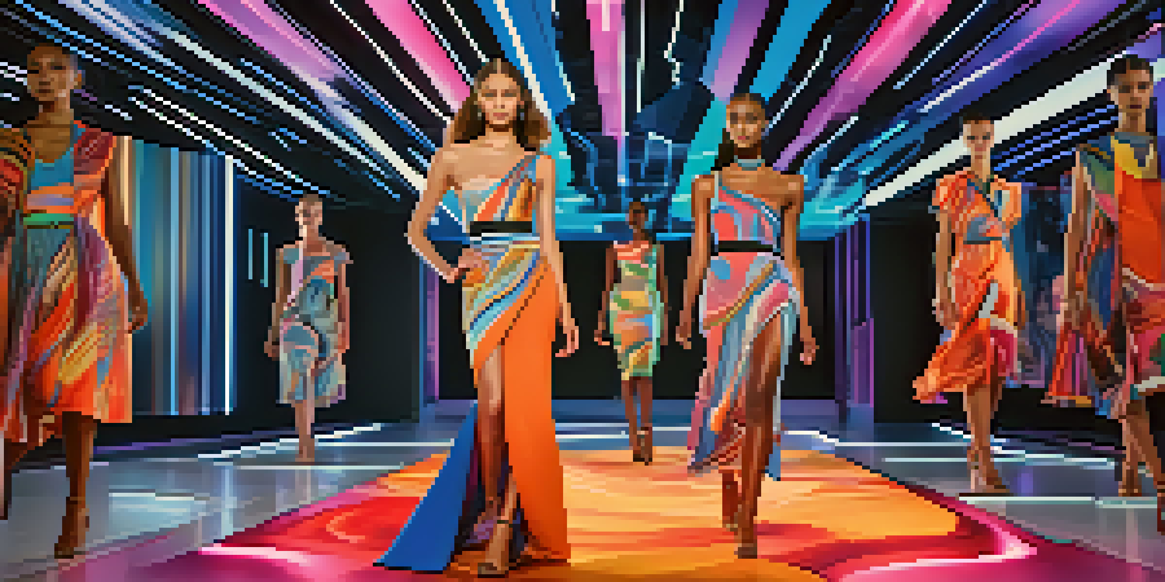 A digital fashion show featuring models in colorful outfits against a futuristic virtual backdrop.