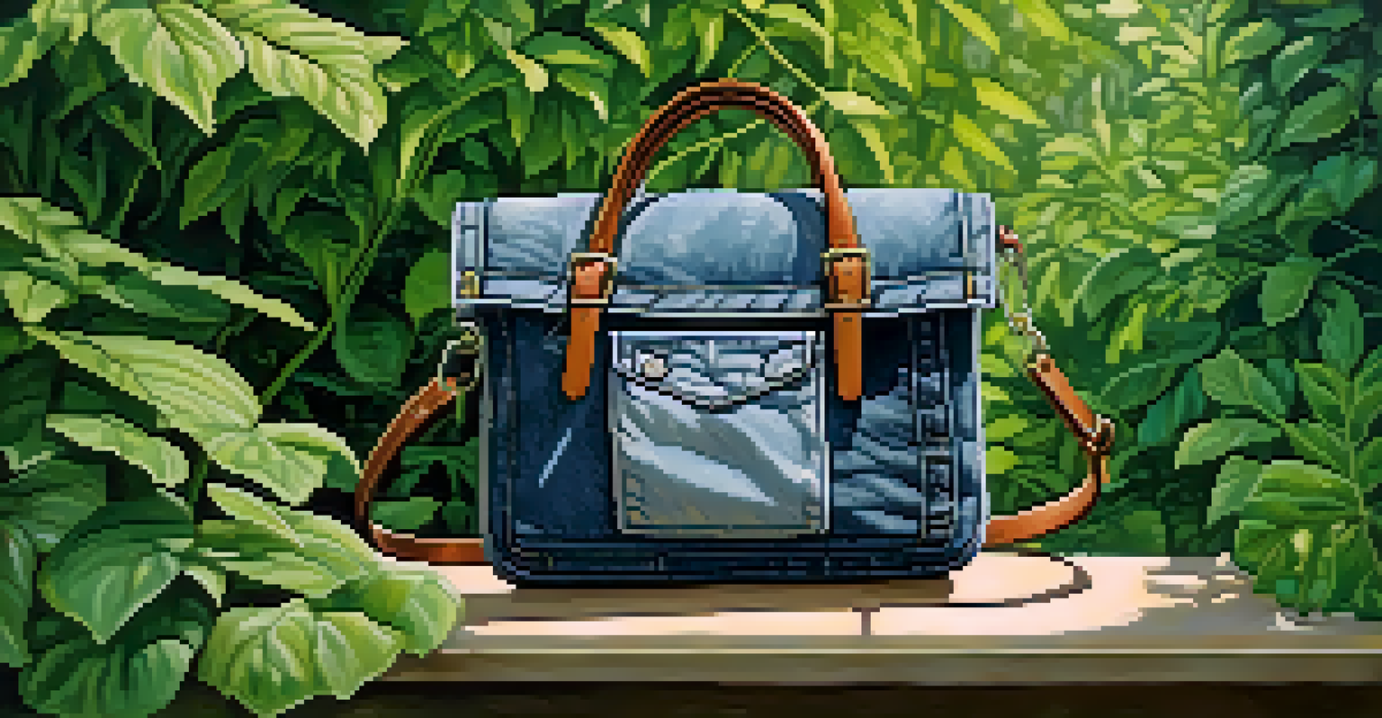 A handbag crafted from upcycled denim jeans, set against green foliage, showcasing its unique design and handmade details.