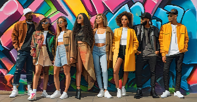 A diverse group of fashion influencers in trendy outfits standing against a colorful graffiti wall, engaged in conversation under warm sunlight.