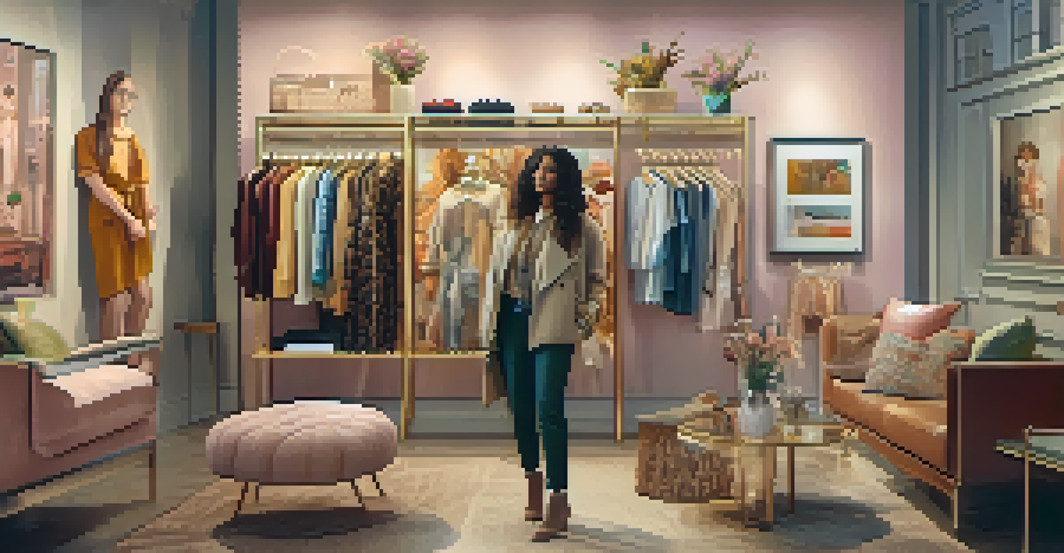 A warm and inviting boutique showcasing inclusive fashion items with diverse friends trying on clothes.