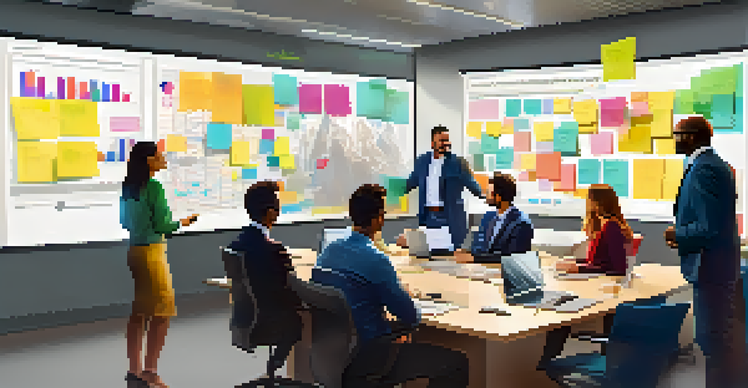 A diverse team collaborating in a modern office, discussing reporting features displayed on a large screen, with colorful notes around the room.