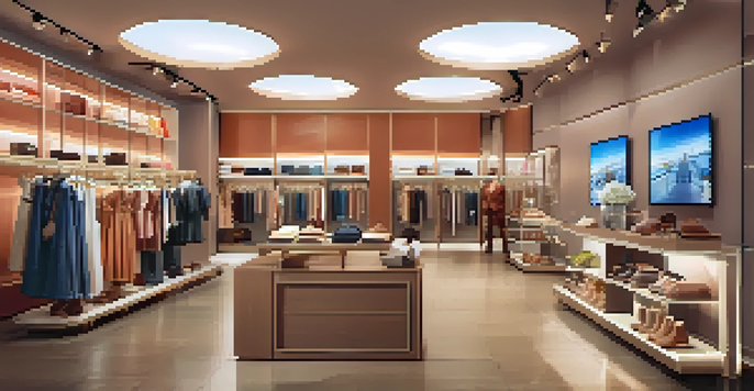 A modern fashion retail store with displays of customizable clothing and customers interacting with digital screens for personalized shopping.