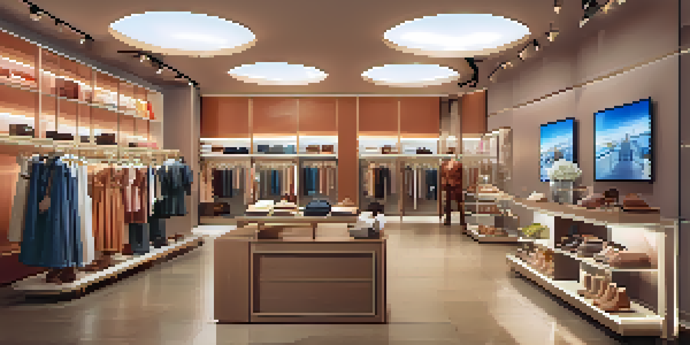 A modern fashion retail store with displays of customizable clothing and customers interacting with digital screens for personalized shopping.