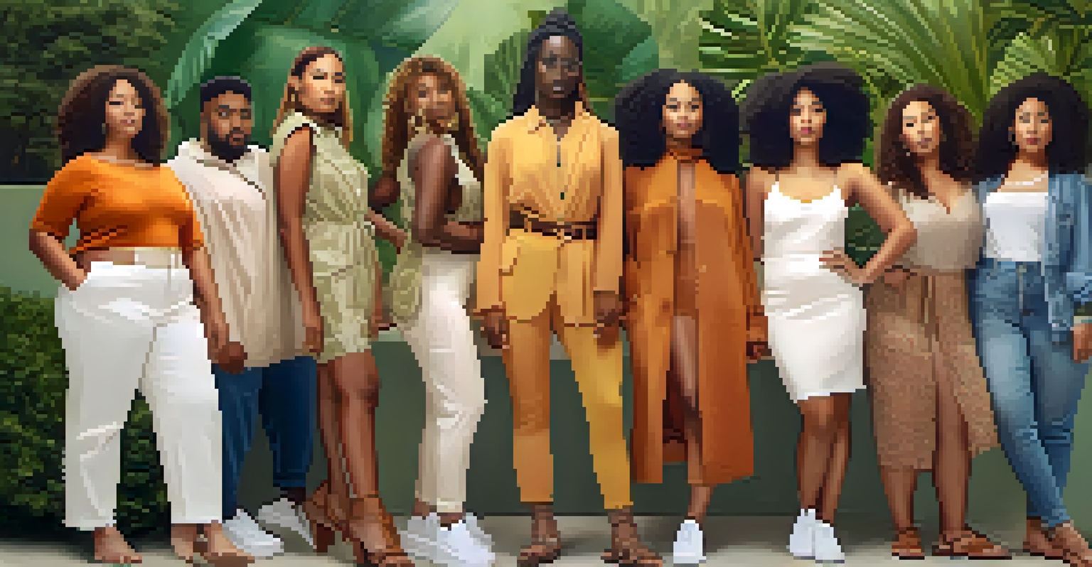 An inclusive group of individuals in contemporary fashion, representing different ethnicities and body types, posing outdoors in a natural setting.