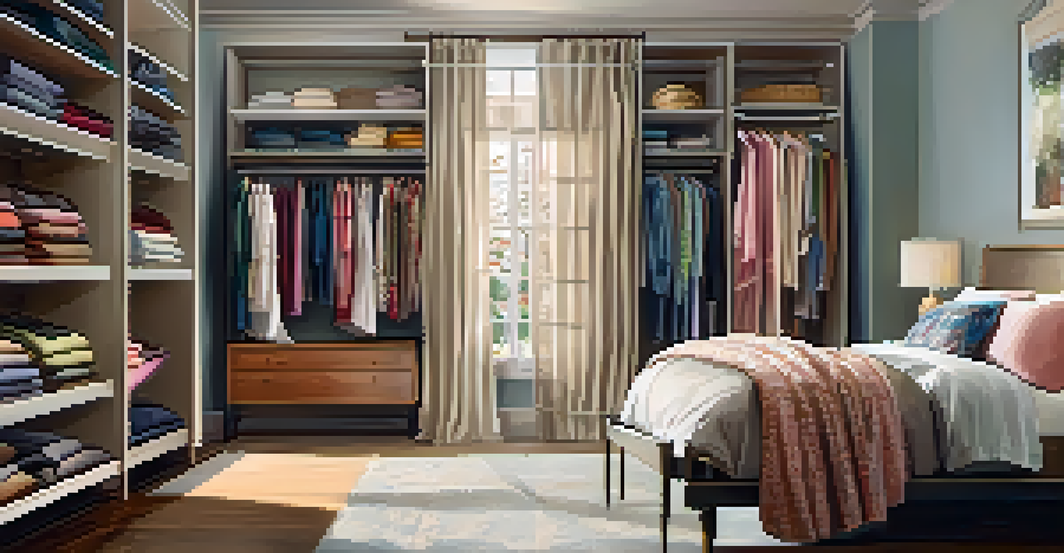 A cozy bedroom with a person selecting clothes from an open wardrobe filled with colorful outfits, illuminated by soft morning light.