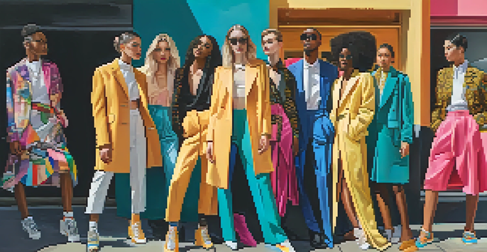A diverse group of models in an urban setting, wearing gender-fluid clothing with colorful murals in the background.