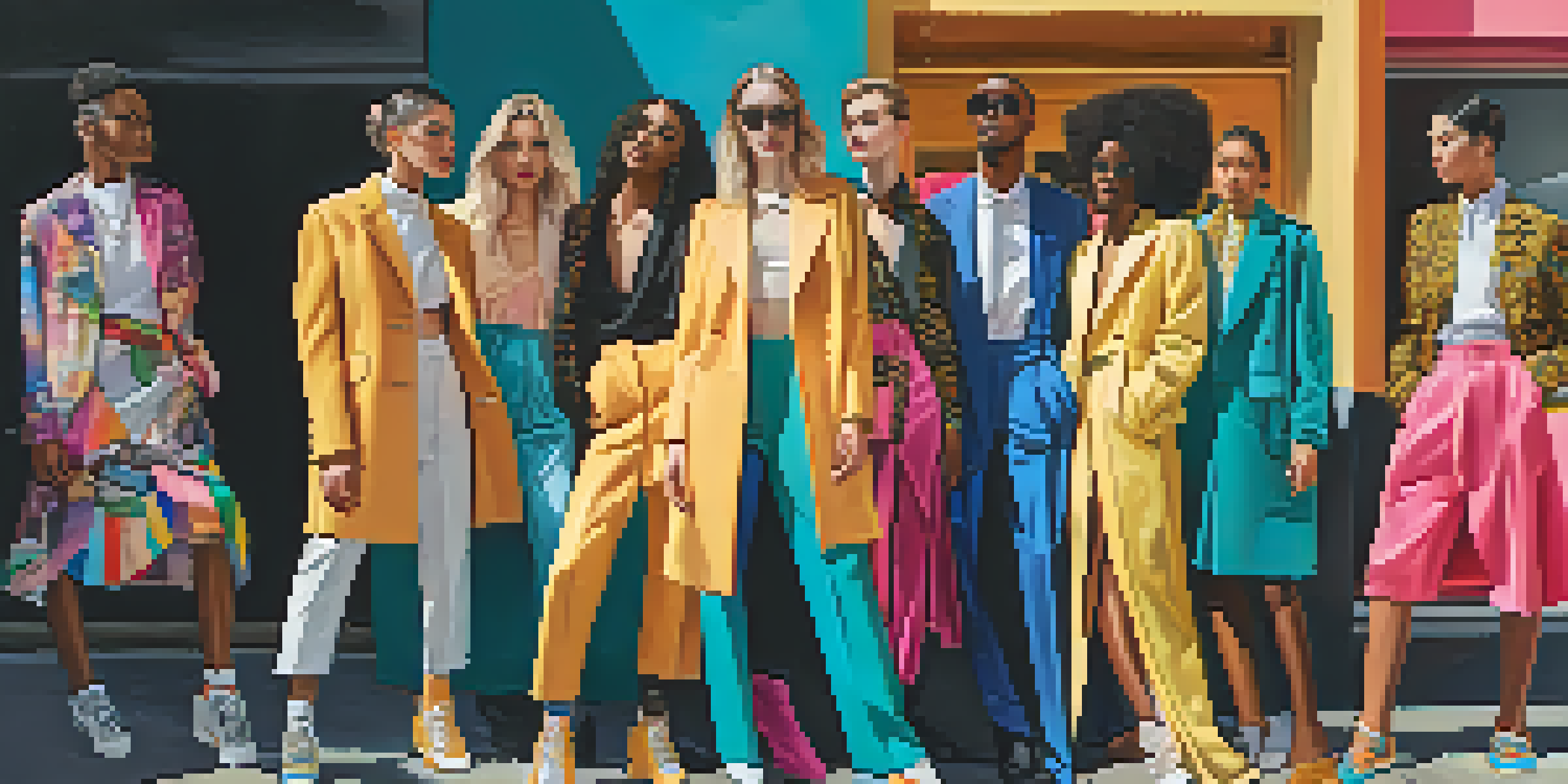 A diverse group of models in an urban setting, wearing gender-fluid clothing with colorful murals in the background.