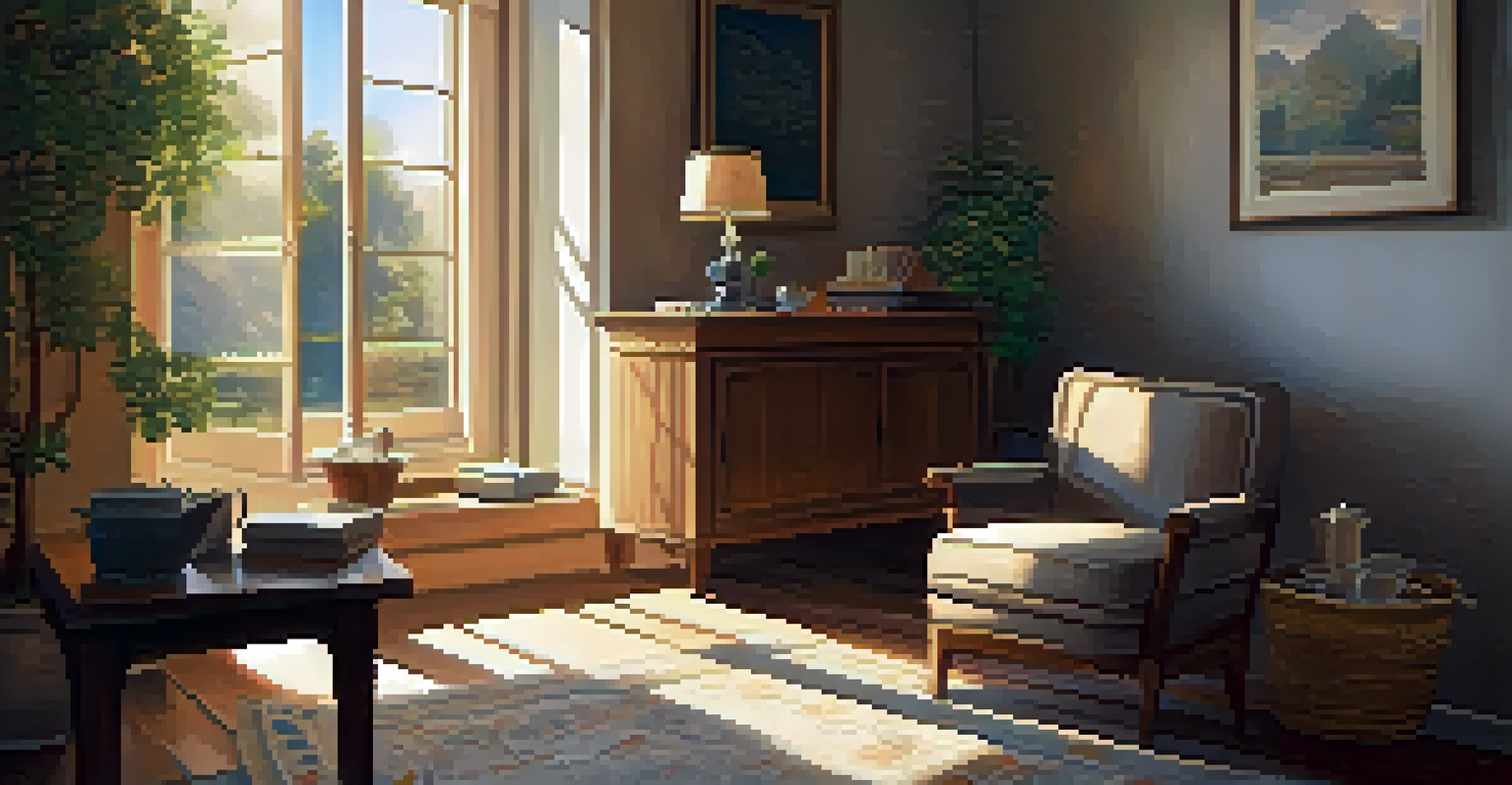 A cozy indoor scene with an armchair, a cup of tea, and an open book by a window.
