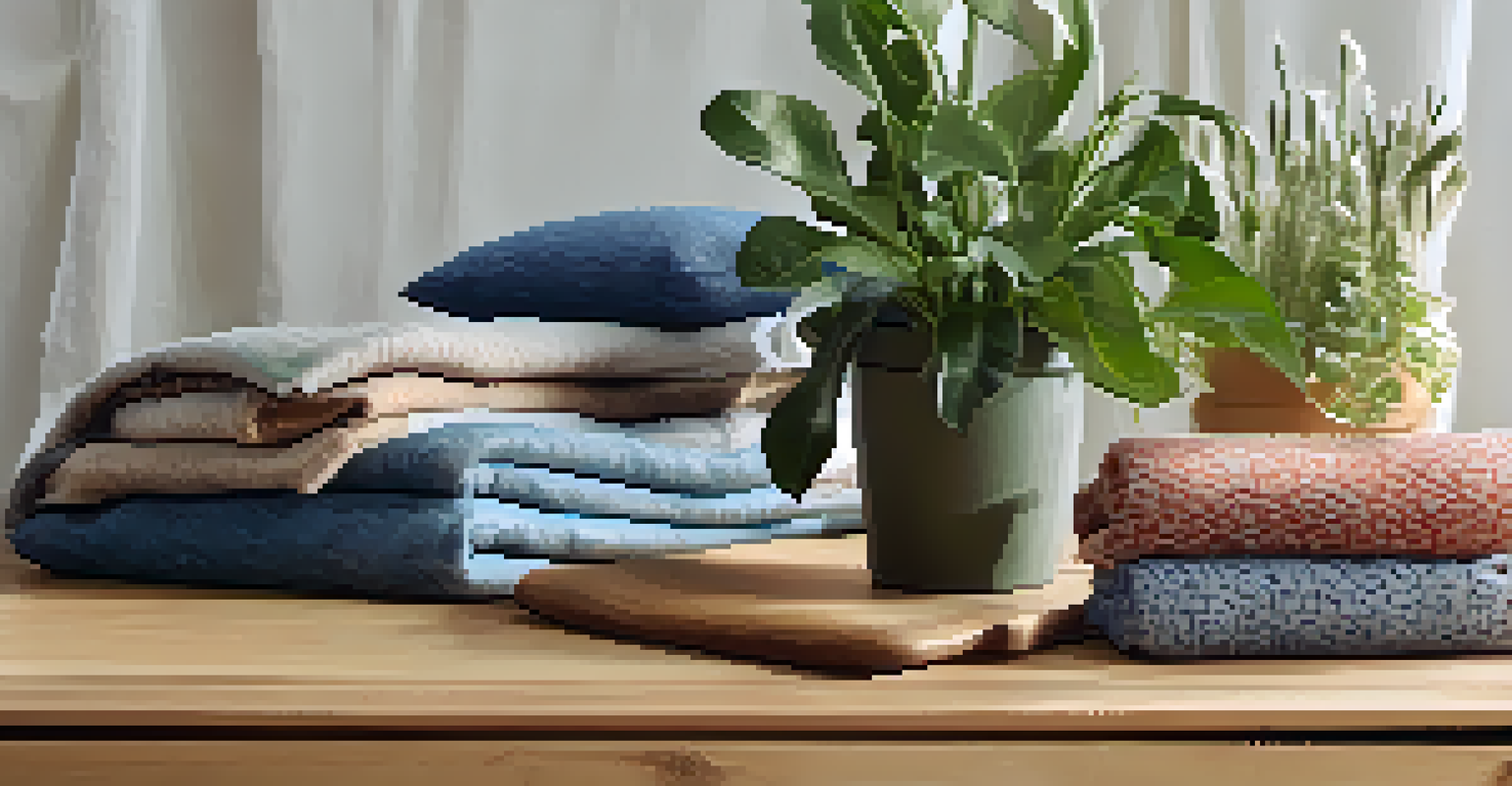 A close-up of sustainable fashion materials on a wooden table, highlighting organic fabrics and recycled textiles with soft natural lighting.