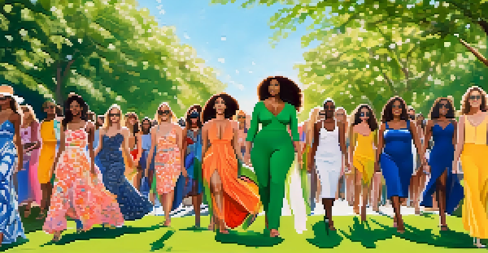 A diverse group of models walking on a runway in a park, showcasing unique and stylish outfits, promoting body positivity.