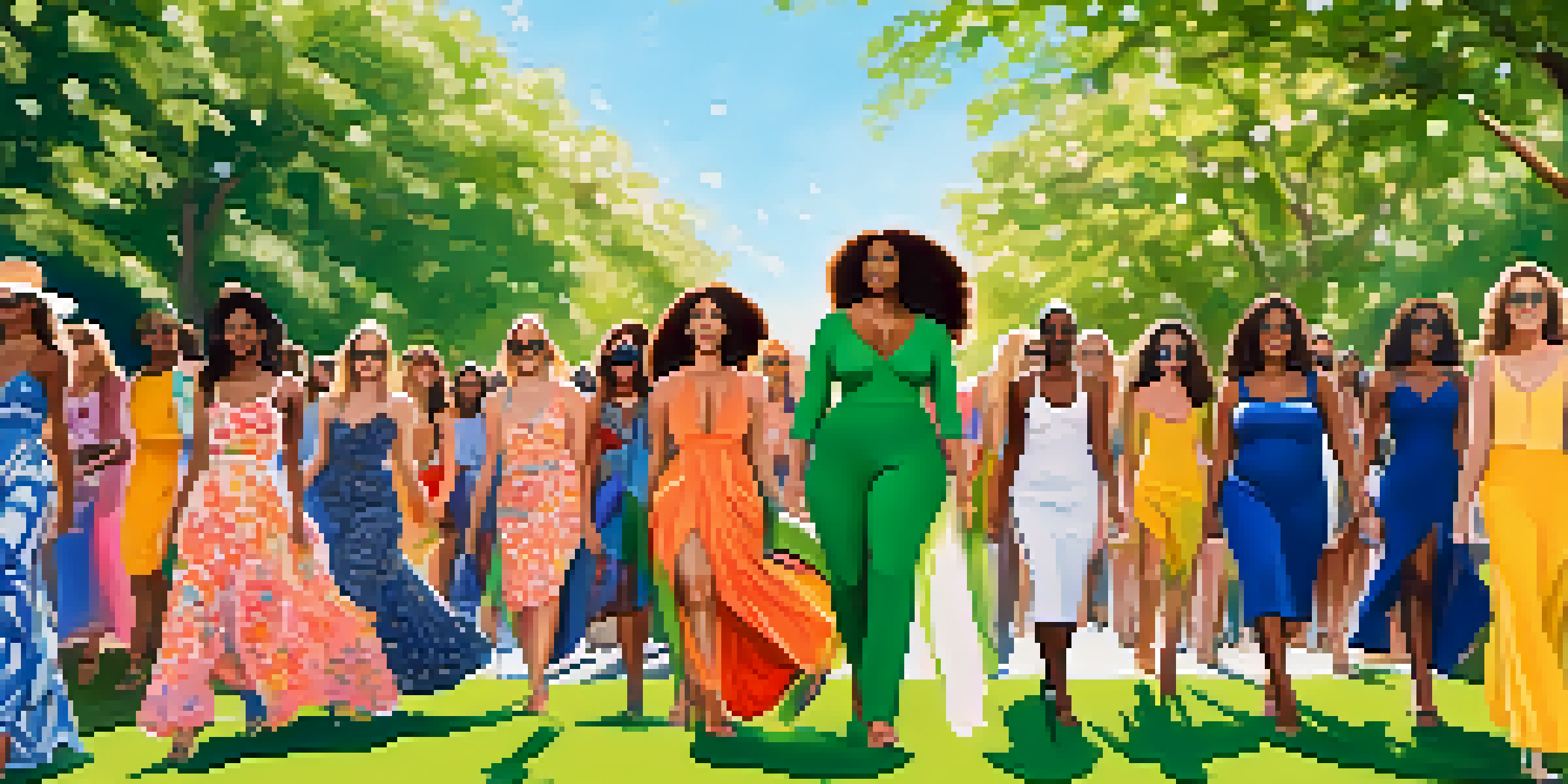 A diverse group of models walking on a runway in a park, showcasing unique and stylish outfits, promoting body positivity.