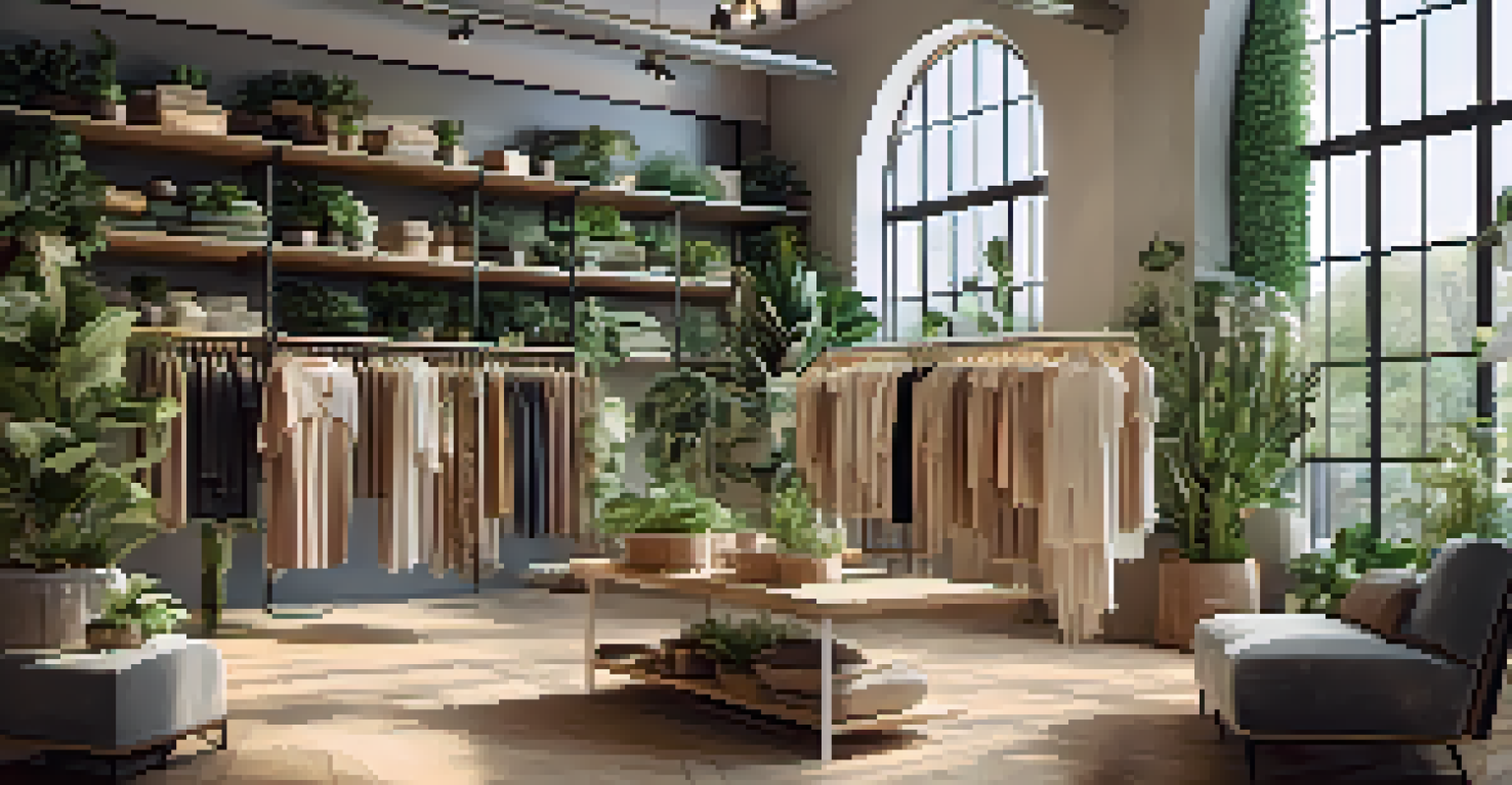 An indoor boutique displaying sustainable fashion with natural lighting and eco-friendly clothing.