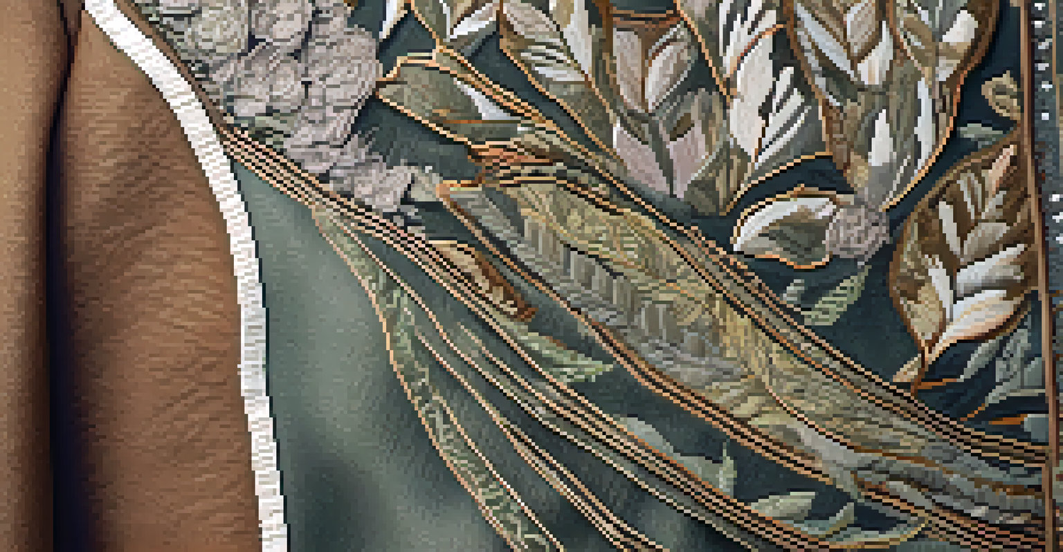 A close-up of a sustainable garment with earthy tones and organic patterns, surrounded by natural elements.