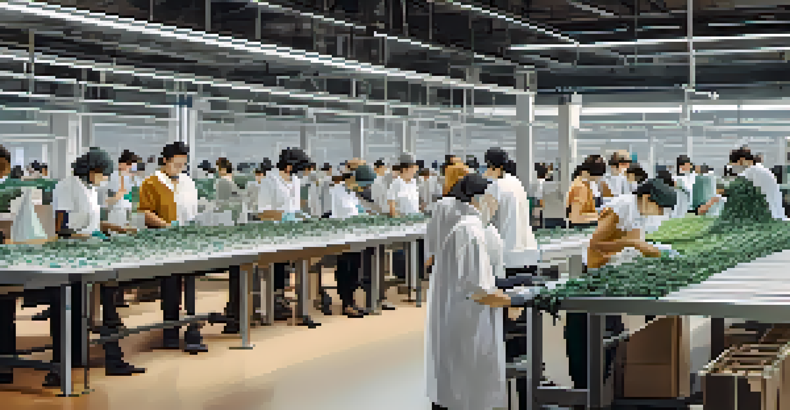 An eco-friendly fashion production line with workers creating garments from recycled materials, showcasing the integration of AI in sustainability.