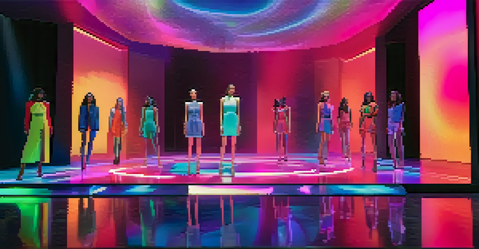 A virtual fashion show with diverse models displaying futuristic outfits in a colorful digital setting, with holographic displays and virtual audience.