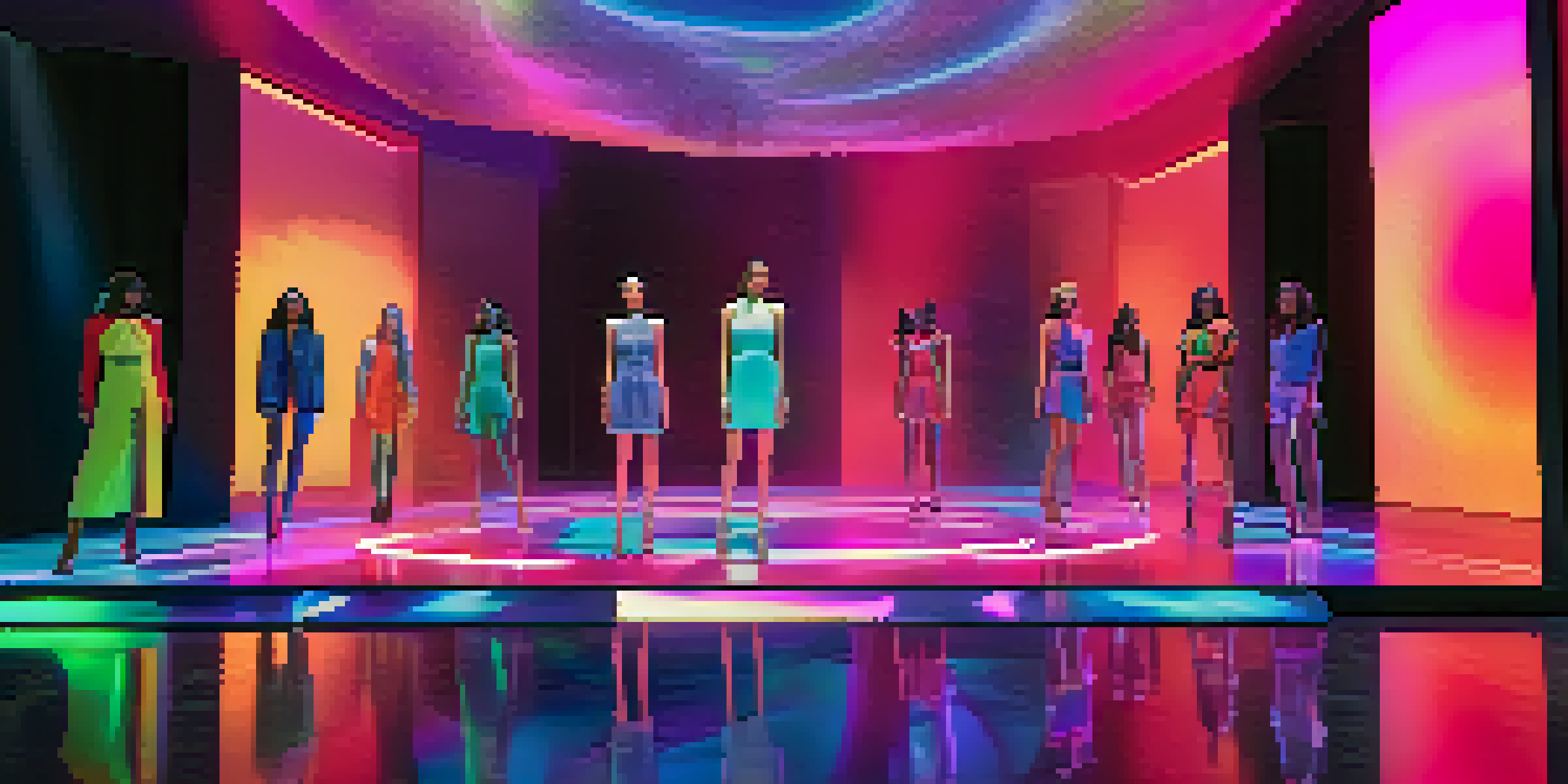 A virtual fashion show with diverse models displaying futuristic outfits in a colorful digital setting, with holographic displays and virtual audience.