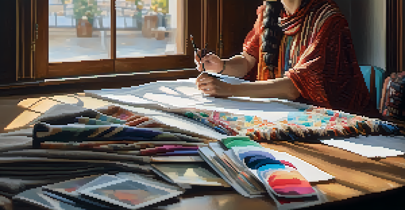 A fashion designer sketching with fabric swatches and traditional textiles on a table, illuminated by soft natural light.