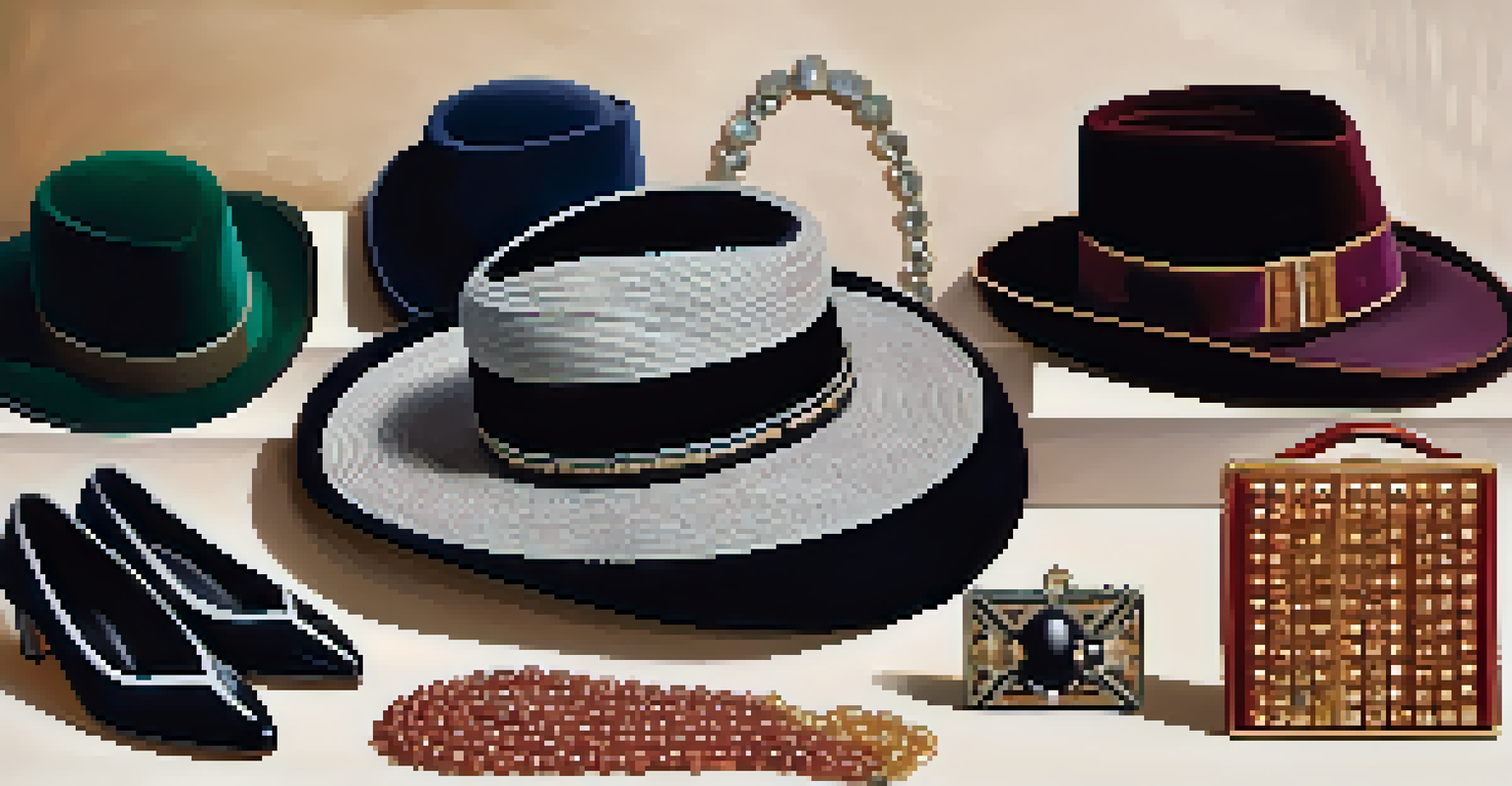 An artistic display of 1920s Art Deco fashion accessories on velvet fabric, showcasing a clutch, jewelry, and a fedora.