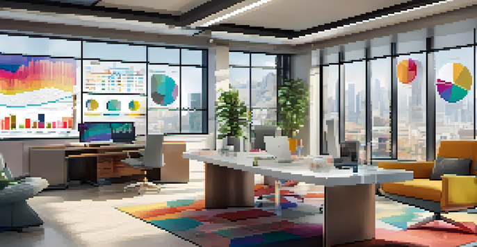 A modern office space focused on fashion marketing, showcasing a screen with colorful data analytics and stylish furniture.