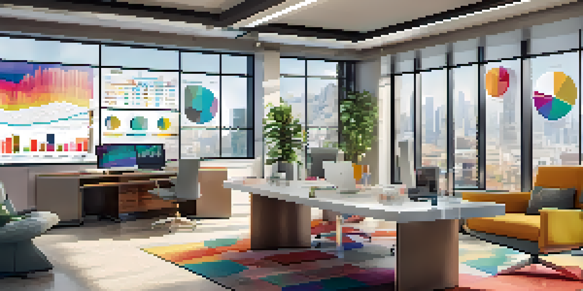 A modern office space focused on fashion marketing, showcasing a screen with colorful data analytics and stylish furniture.
