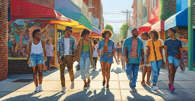 A diverse group of individuals in an urban setting wearing gender-neutral clothing, with colorful murals in the background and warm sunlight illuminating the scene.