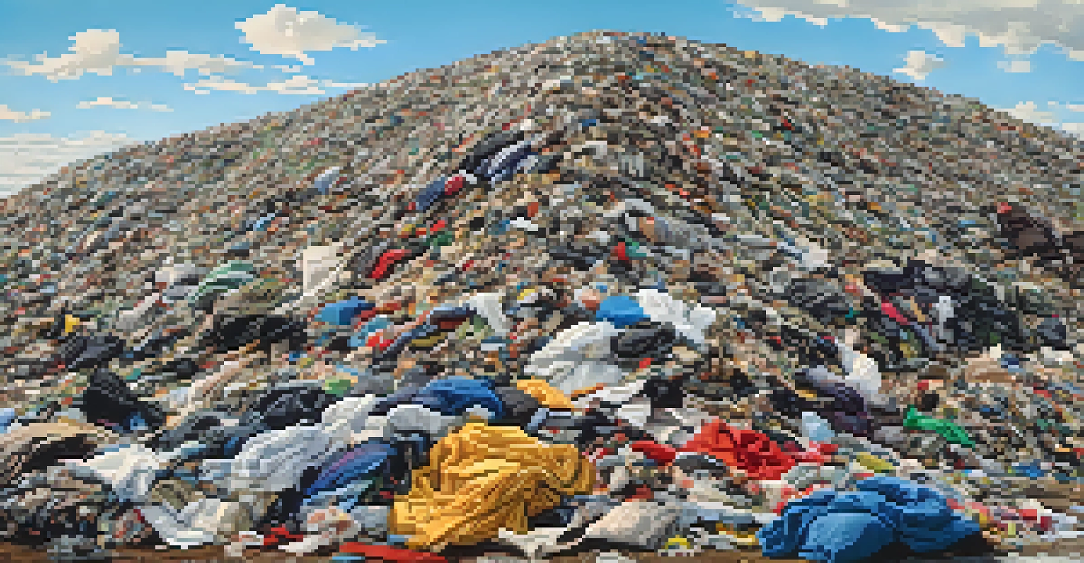 A pile of colorful discarded clothing in a landfill, highlighting the issue of textile waste from fast fashion.