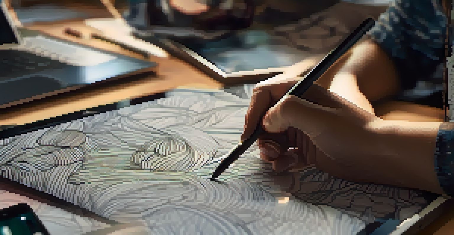 A designer's hands sketching patterns on a digital tablet with fabric swatches and design tools around them.
